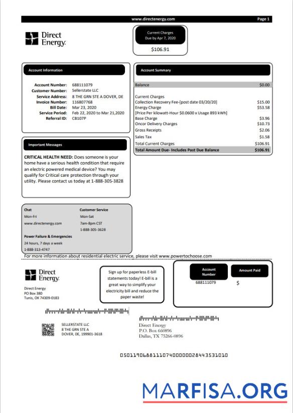 Realistic USA Texas Direct Energy utility bill template in Word and PDF format